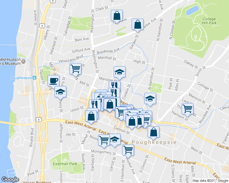 map of restaurants, bars, coffee shops, grocery stores, and more near 63 Garden Street in Poughkeepsie