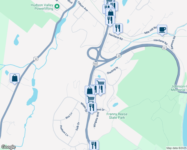 map of restaurants, bars, coffee shops, grocery stores, and more near 40 South Roberts Road in Highland