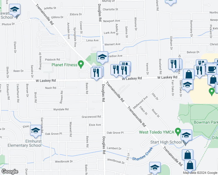 map of restaurants, bars, coffee shops, grocery stores, and more near 4936 Douglas Road in Toledo