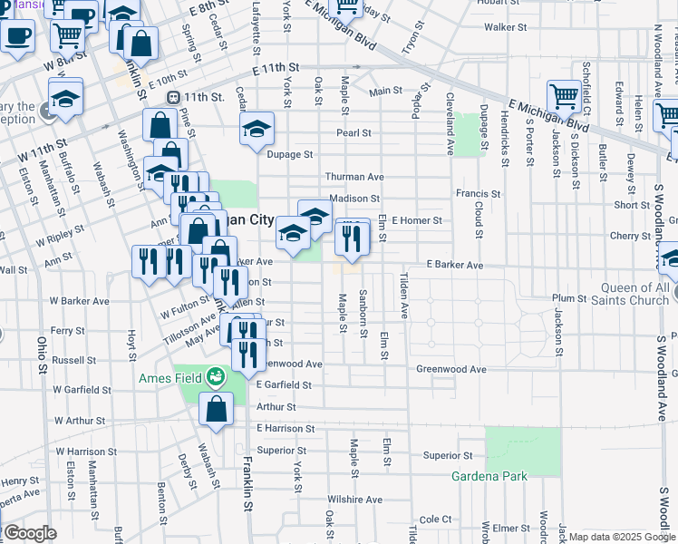 map of restaurants, bars, coffee shops, grocery stores, and more near 401 East Barker Avenue in Michigan City