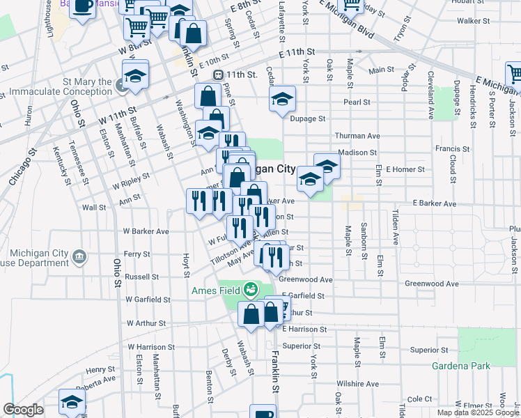 map of restaurants, bars, coffee shops, grocery stores, and more near 100-130 E Barker Ave in Michigan City