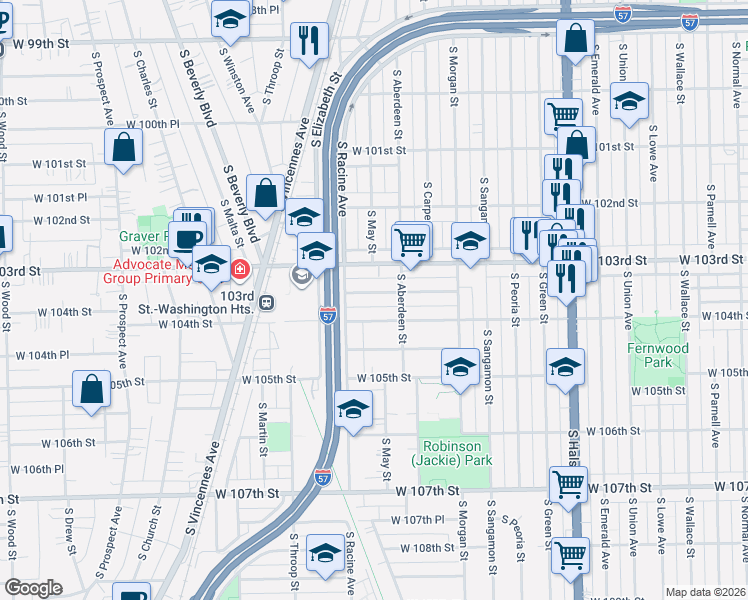 map of restaurants, bars, coffee shops, grocery stores, and more near 1120 West 103rd Place in Chicago