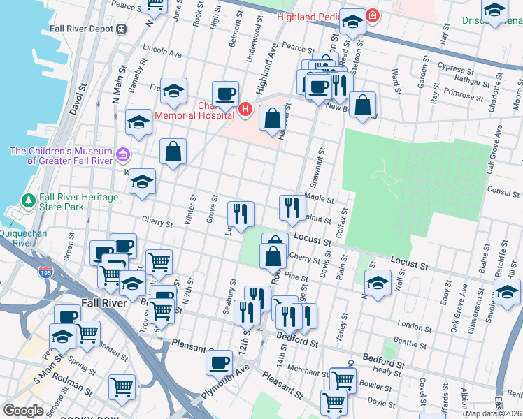 map of restaurants, bars, coffee shops, grocery stores, and more near 77 Hanover Street in Fall River