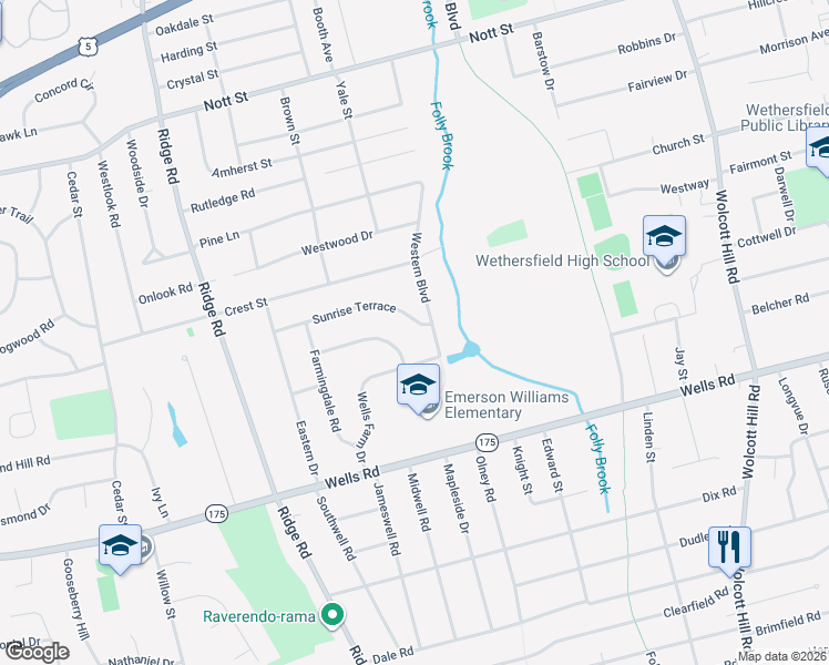 map of restaurants, bars, coffee shops, grocery stores, and more near 18 Sunrise Terrace in Wethersfield