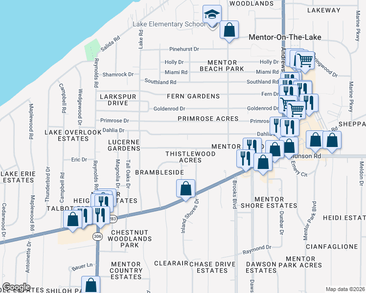 map of restaurants, bars, coffee shops, grocery stores, and more near 7549 Manor Drive in Mentor-on-the-Lake