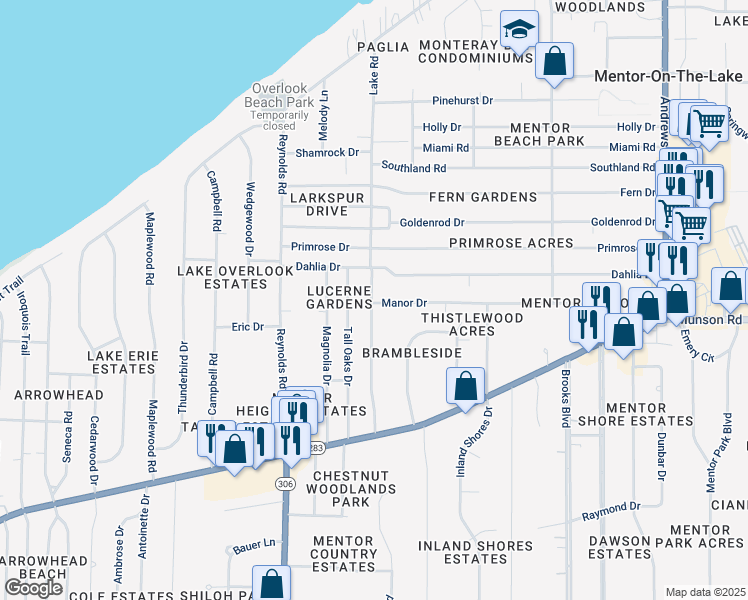 map of restaurants, bars, coffee shops, grocery stores, and more near 6085 Lake Road in Mentor-on-the-Lake