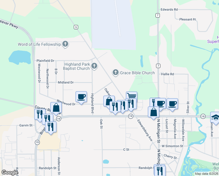 map of restaurants, bars, coffee shops, grocery stores, and more near 27409 Sunnyfield Drive in Elkhart