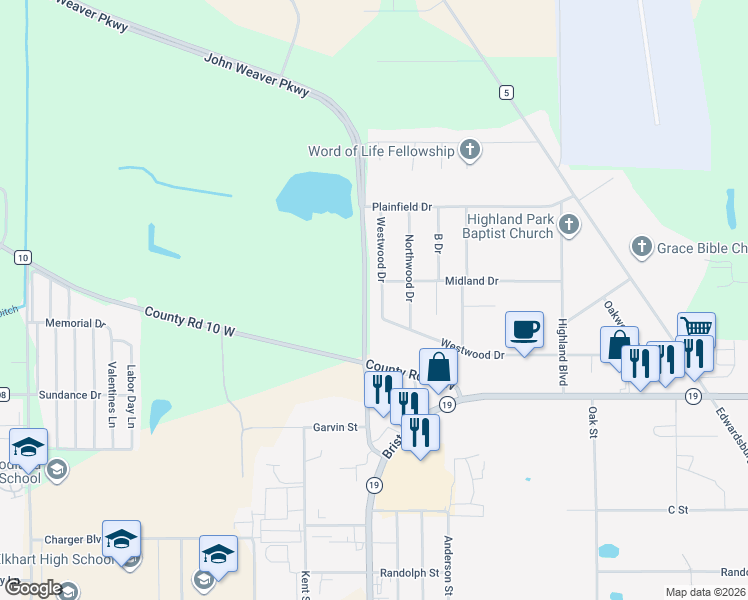 map of restaurants, bars, coffee shops, grocery stores, and more near John Weaver Parkway in Elkhart