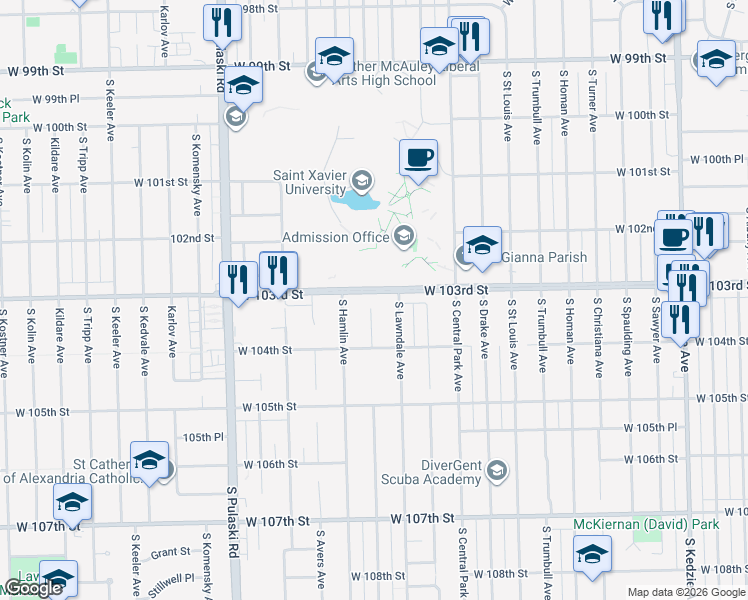 map of restaurants, bars, coffee shops, grocery stores, and more near 3738 West 103rd Street in Chicago