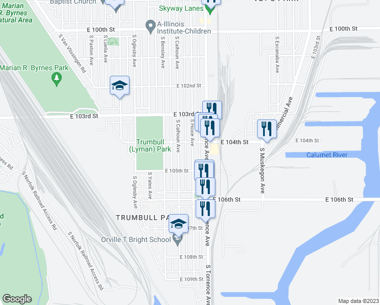 map of restaurants, bars, coffee shops, grocery stores, and more near 10420 South Hoxie Avenue in Chicago
