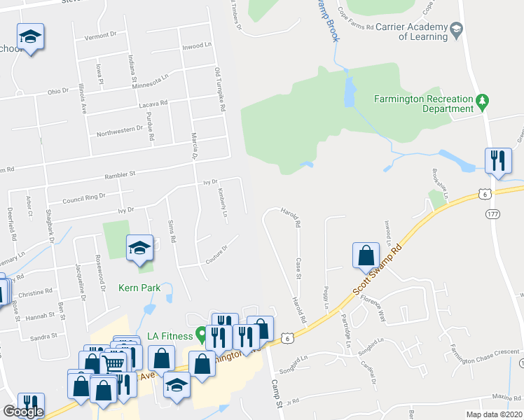 map of restaurants, bars, coffee shops, grocery stores, and more near 77 Harold Road in Farmington