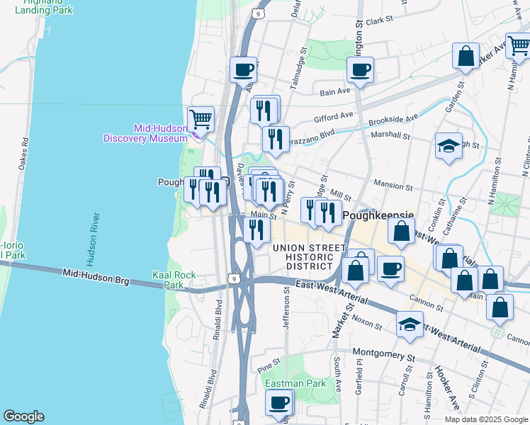 map of restaurants, bars, coffee shops, grocery stores, and more near 101 Main Street in Poughkeepsie