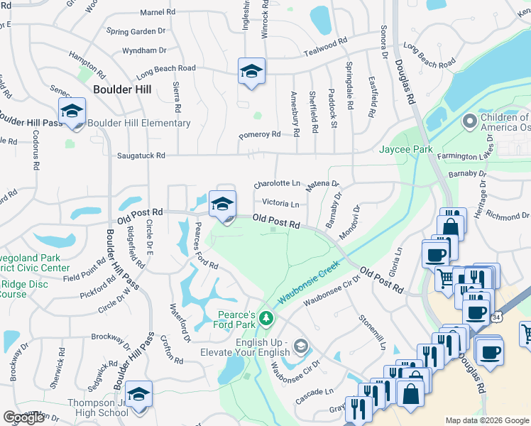 map of restaurants, bars, coffee shops, grocery stores, and more near 502 Victoria Lane in Oswego
