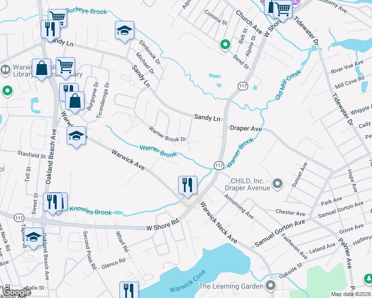 map of restaurants, bars, coffee shops, grocery stores, and more near 404 Warner Brook Drive in Warwick