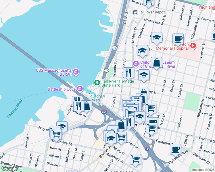 map of restaurants, bars, coffee shops, grocery stores, and more near 27 Cherry Street in Fall River