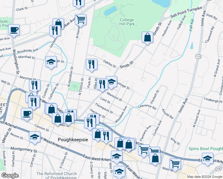 map of restaurants, bars, coffee shops, grocery stores, and more near 4 Dutcher Place in Poughkeepsie