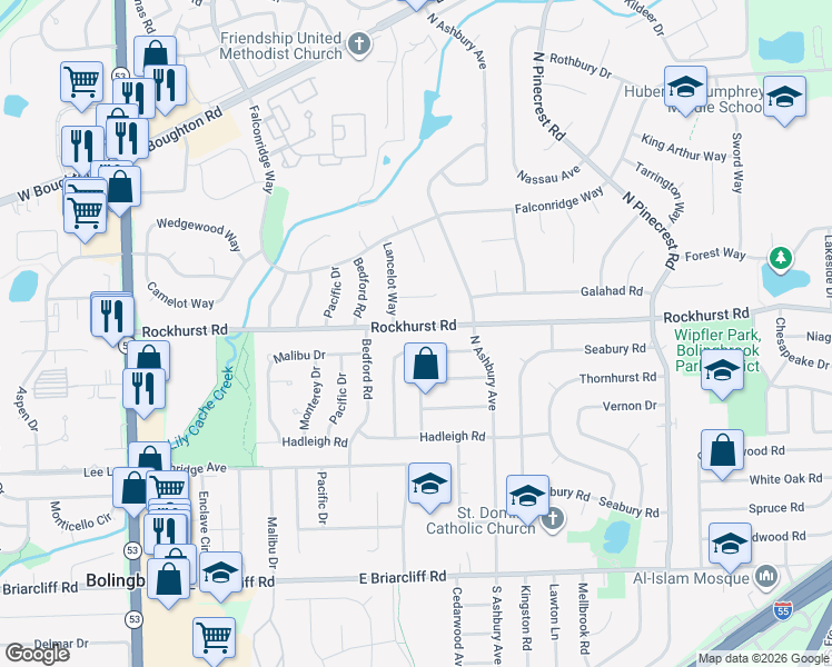 map of restaurants, bars, coffee shops, grocery stores, and more near 325 Rockhurst Road in Bolingbrook
