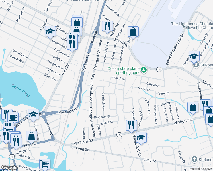 map of restaurants, bars, coffee shops, grocery stores, and more near 190 Smith Street in Warwick
