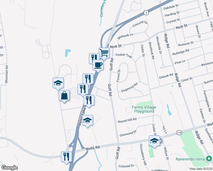 map of restaurants, bars, coffee shops, grocery stores, and more near 122 Goff Road in Wethersfield