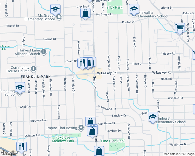 map of restaurants, bars, coffee shops, grocery stores, and more near 3265 West Laskey Road in Toledo