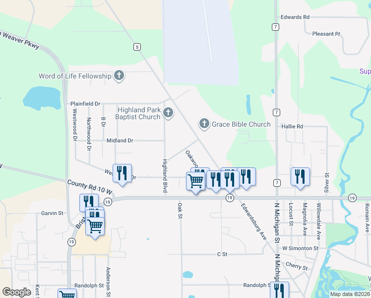 map of restaurants, bars, coffee shops, grocery stores, and more near 1600 Oakwood Street in Elkhart