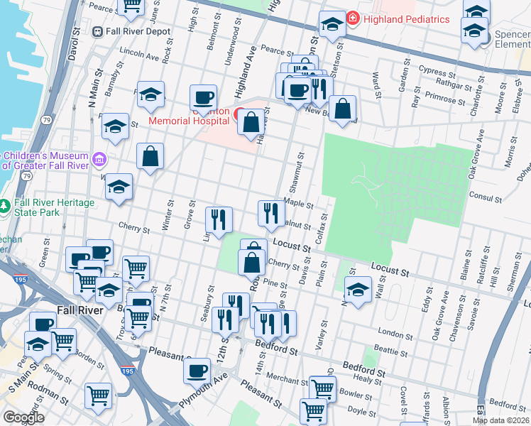 map of restaurants, bars, coffee shops, grocery stores, and more near 808 Walnut Street in Fall River