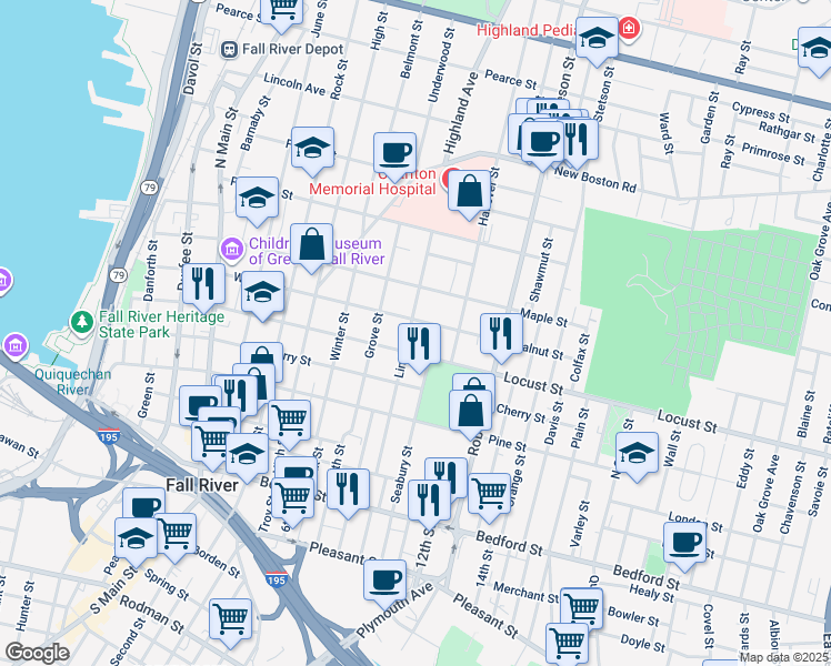 map of restaurants, bars, coffee shops, grocery stores, and more near 673 Walnut Street in Fall River