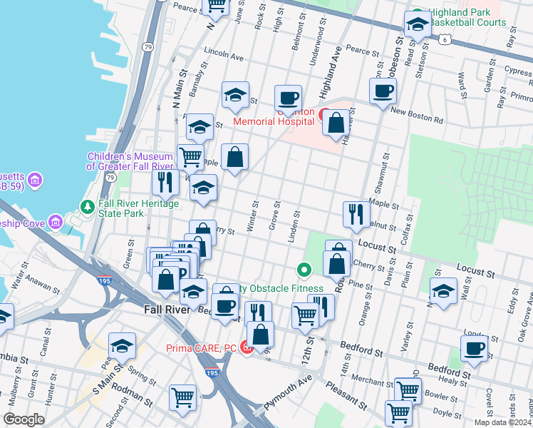 map of restaurants, bars, coffee shops, grocery stores, and more near 229 Winter Street in Fall River