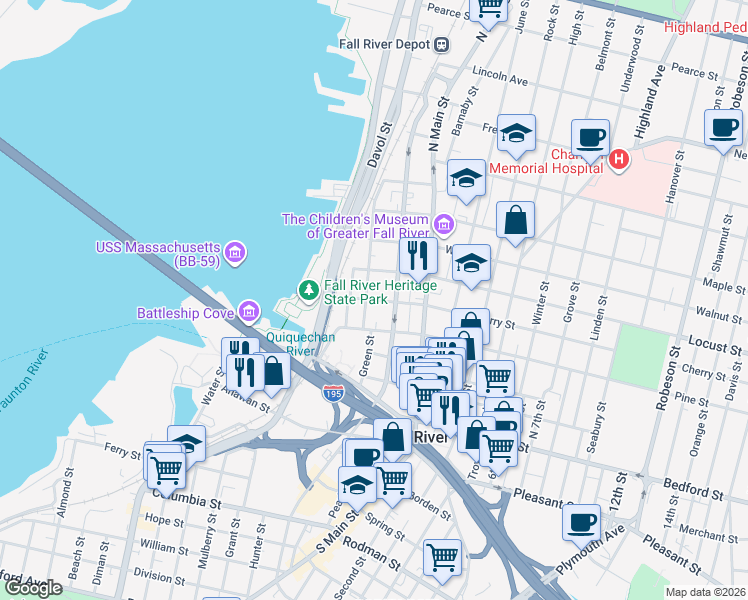 map of restaurants, bars, coffee shops, grocery stores, and more near 94 Cherry Street in Fall River