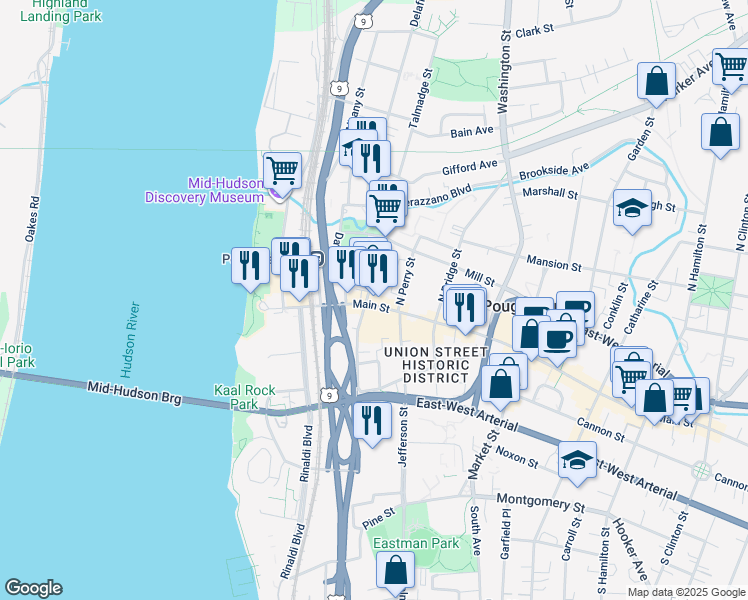 map of restaurants, bars, coffee shops, grocery stores, and more near 11 North Clover Street in Poughkeepsie