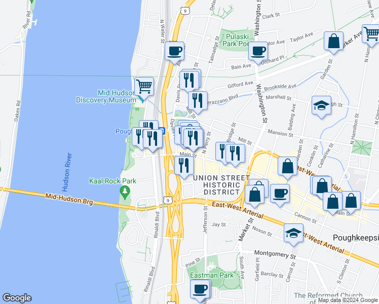 map of restaurants, bars, coffee shops, grocery stores, and more near 11 North Clover Street in Poughkeepsie