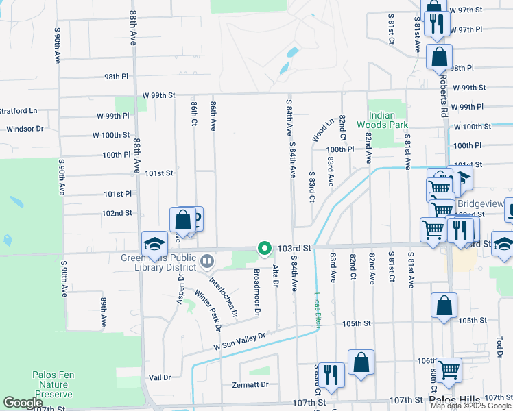 map of restaurants, bars, coffee shops, grocery stores, and more near 8546 West 103rd Terrace in Palos Hills