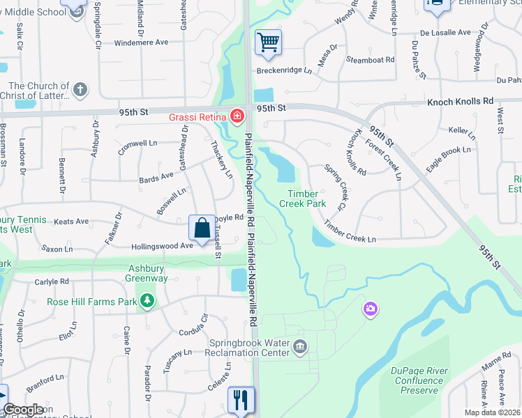 map of restaurants, bars, coffee shops, grocery stores, and more near 9765 Plainfield-Naperville Road in Naperville