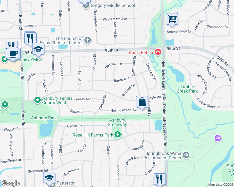 map of restaurants, bars, coffee shops, grocery stores, and more near 1231 Boswell Lane in Naperville