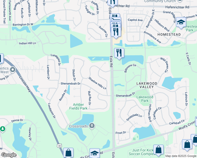 map of restaurants, bars, coffee shops, grocery stores, and more near 2320 Shadow Hills Lane in Aurora