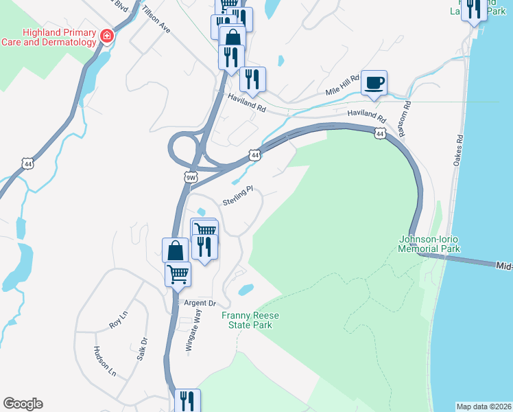 map of restaurants, bars, coffee shops, grocery stores, and more near 186 Sterling Place in Highland