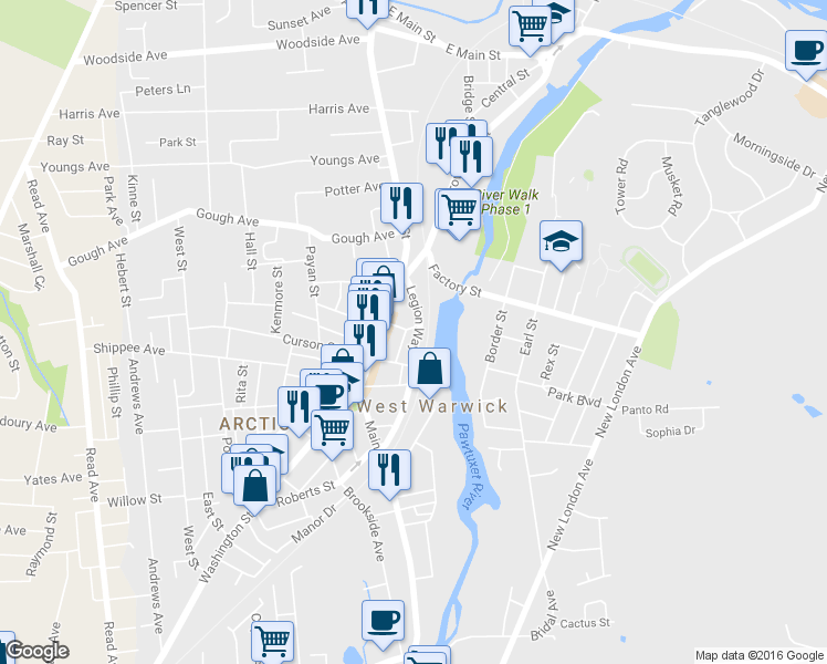 map of restaurants, bars, coffee shops, grocery stores, and more near 23 McElroy Street in West Warwick