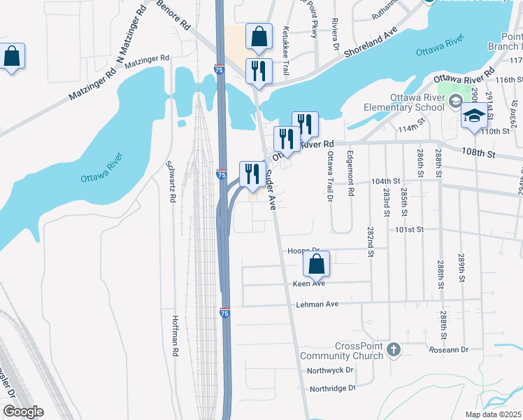 map of restaurants, bars, coffee shops, grocery stores, and more near 4633 Suder Avenue in Toledo