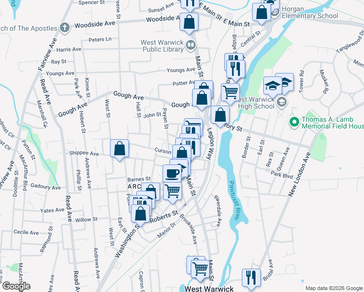 map of restaurants, bars, coffee shops, grocery stores, and more near 61 Archambault Avenue in West Warwick