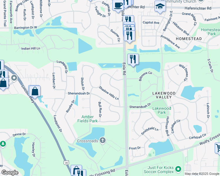 map of restaurants, bars, coffee shops, grocery stores, and more near 2320 Shadow Hills Lane in Aurora
