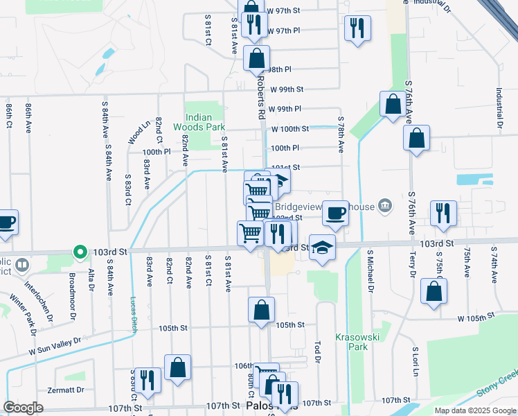 map of restaurants, bars, coffee shops, grocery stores, and more near 10144 South Roberts Road in Palos Hills
