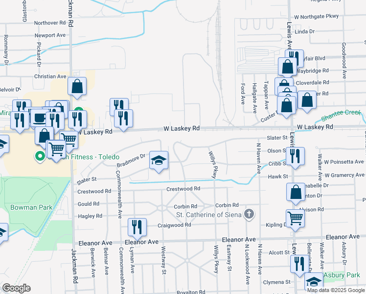 map of restaurants, bars, coffee shops, grocery stores, and more near 4870 Overland Parkway in Toledo