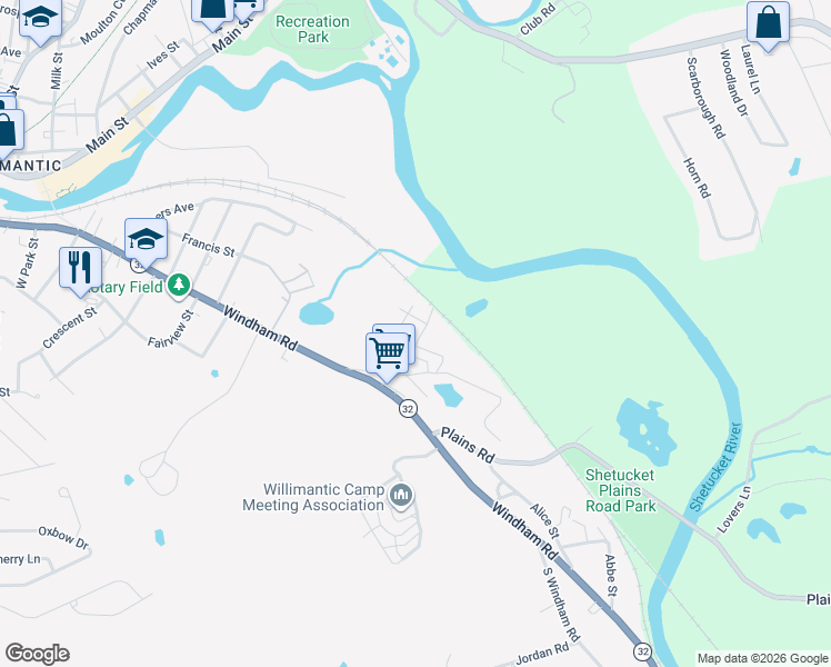 map of restaurants, bars, coffee shops, grocery stores, and more near 26 Russ Road in Windham