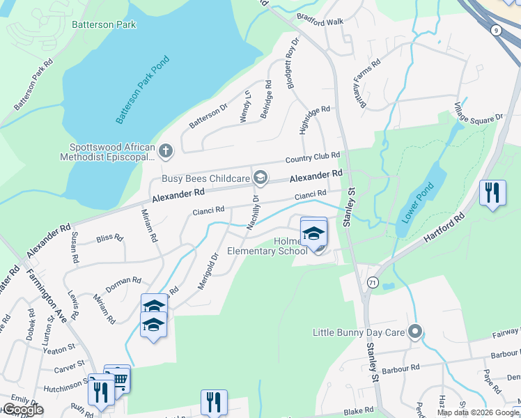 map of restaurants, bars, coffee shops, grocery stores, and more near 144 Cianci Road in New Britain