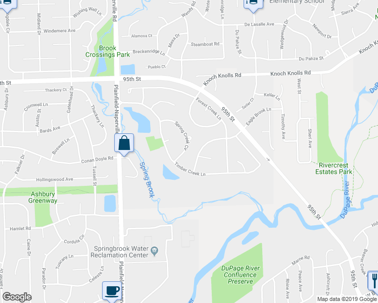 map of restaurants, bars, coffee shops, grocery stores, and more near 867 Spring Creek Circle in Naperville