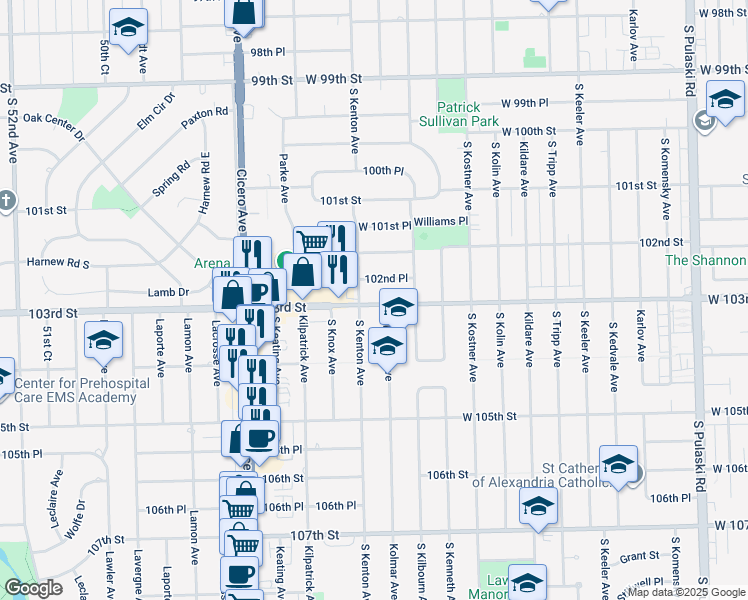 map of restaurants, bars, coffee shops, grocery stores, and more near 4560 103rd Street in Oak Lawn
