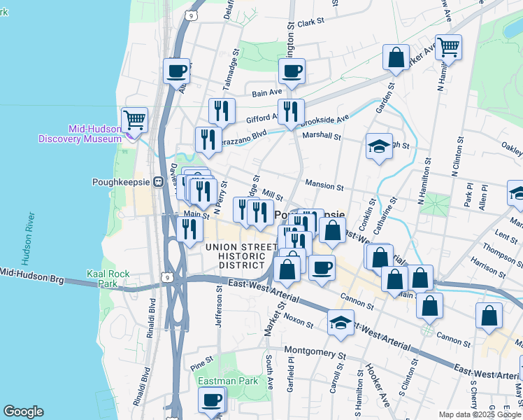 map of restaurants, bars, coffee shops, grocery stores, and more near 24 Vassar Street in Poughkeepsie