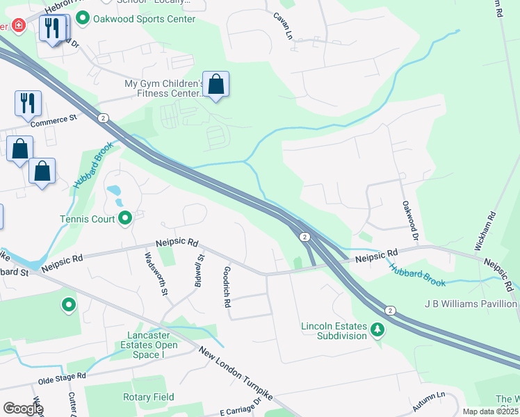 map of restaurants, bars, coffee shops, grocery stores, and more near Veterans of Foreign Wars Highway in Glastonbury
