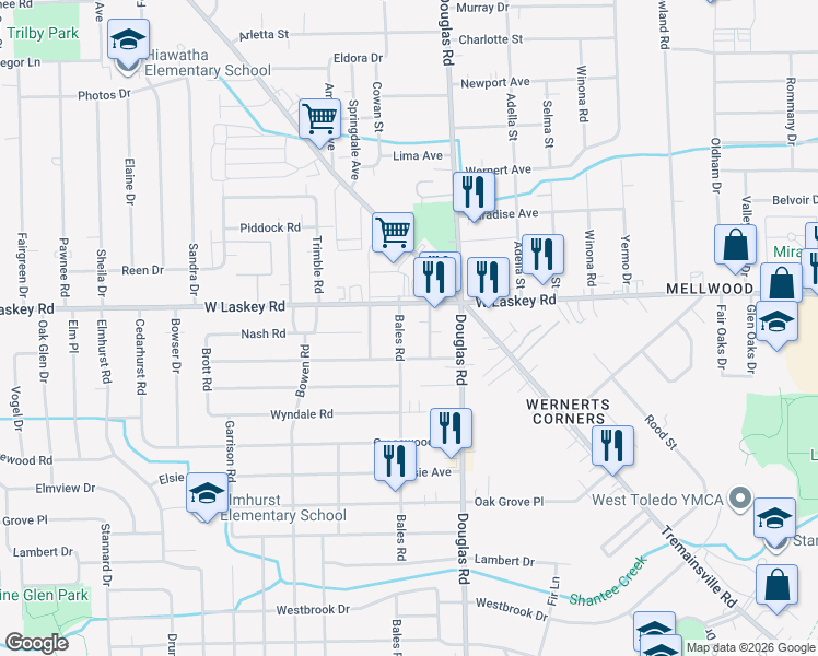 map of restaurants, bars, coffee shops, grocery stores, and more near 4937 Roywood Road in Toledo