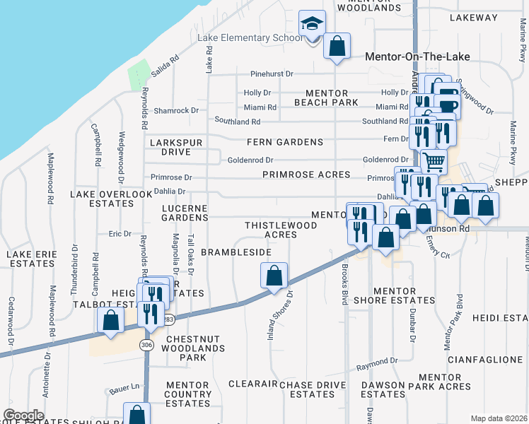 map of restaurants, bars, coffee shops, grocery stores, and more near 7549 Manor Drive in Mentor-on-the-Lake
